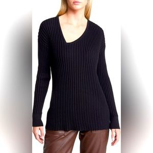 Open Edit Black Asymmetric 100% Cotton V-Neck‎ Tunic Sweater NWT
